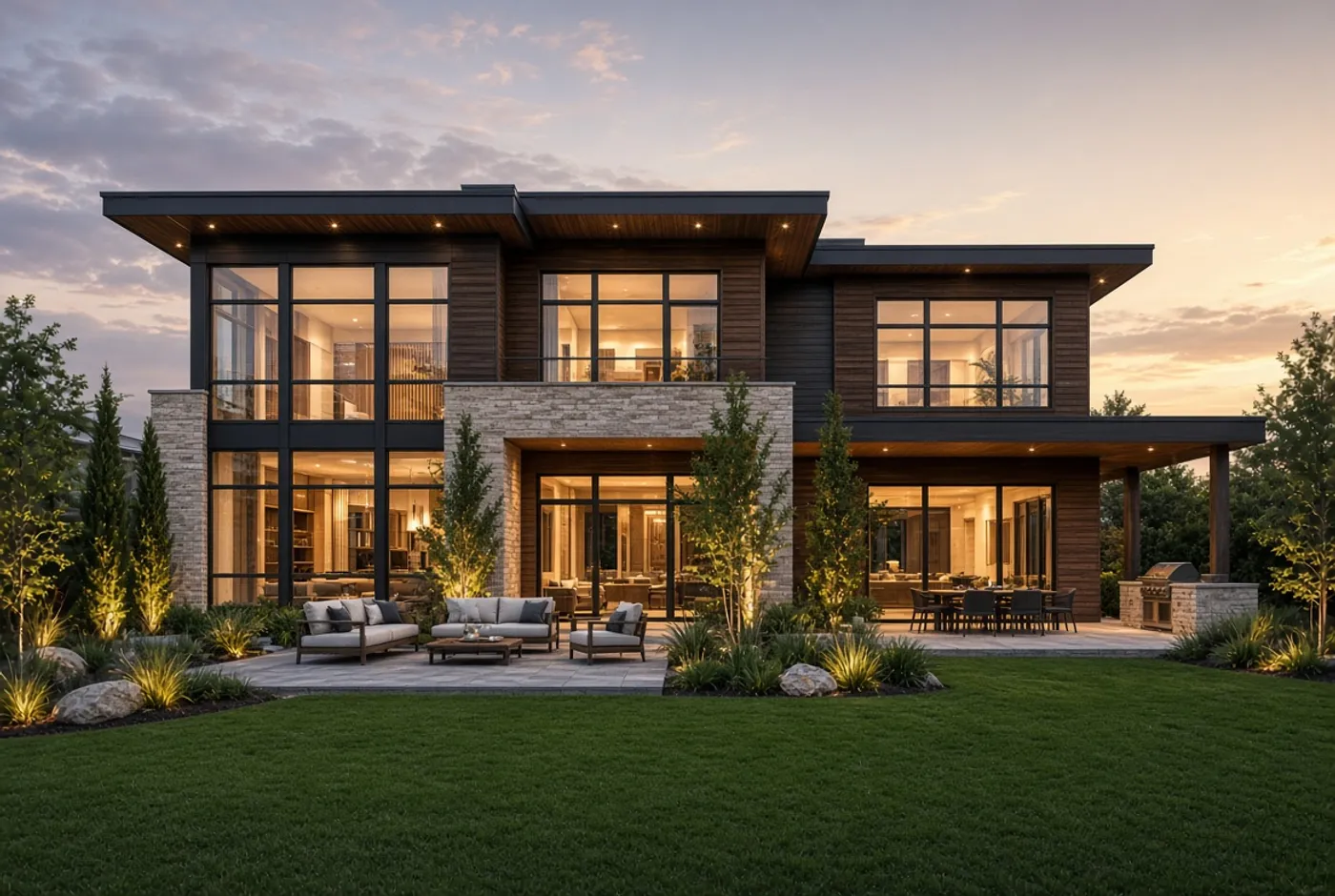 Contemporary luxury home exterior at dusk